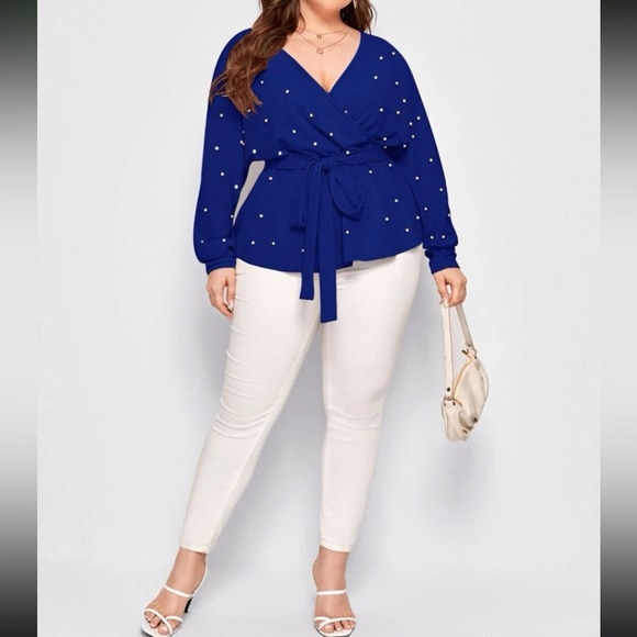 Boho dusty pink  plus size pearls beaded surplice blouse - Picture 5 of 6